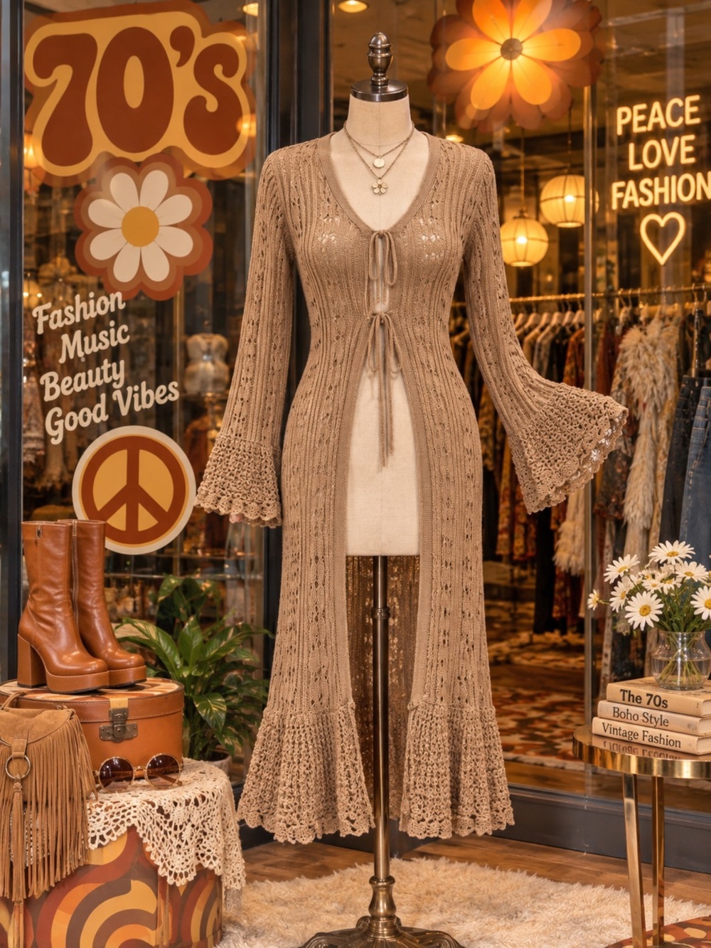 Chic Tan Knit Cardigan with Bell Sleeves
